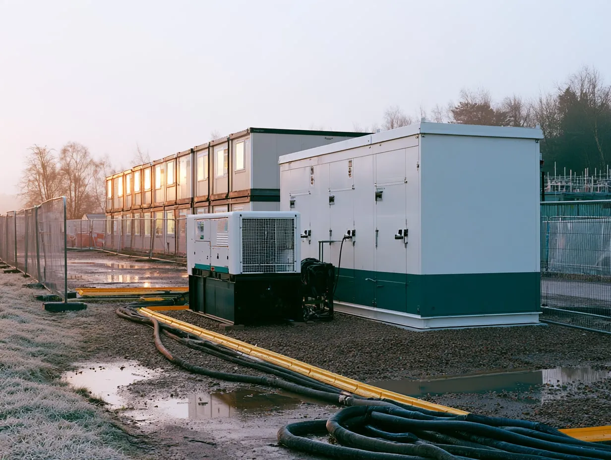 A generator and a larger battery enclosure side by side on gravel, with cables in yellow ramps and stacked site cabins behind, on a frosty morning