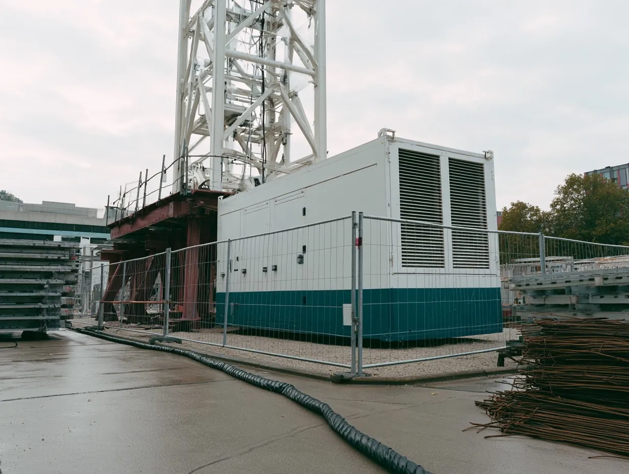 A white battery enclosure inside temporary fencing beside the base of a tower crane, with a power cable running across wet concrete